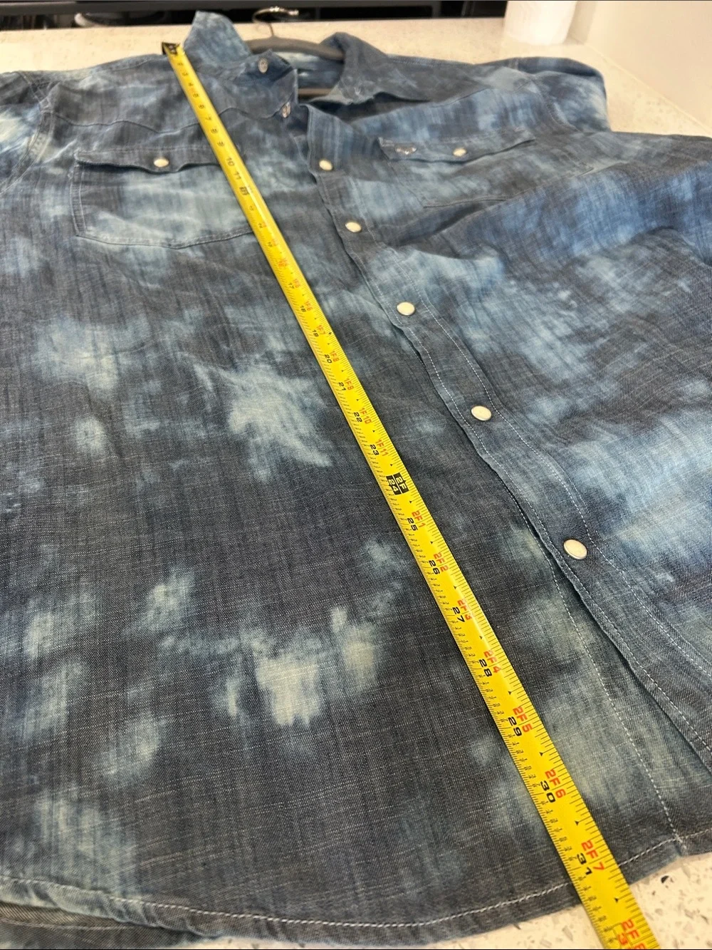 True religion, bleached, indigo western shirt, blue white size extra large